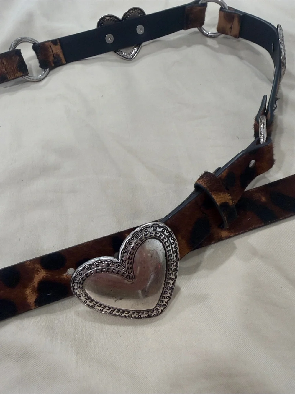 Zara Leopard Print Belt with Silver Heart Buckles